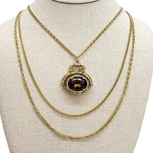 Vintage Goldette NY 3 Long Strand Spinner Fob Necklace Smoky Topaz Glass 1960s